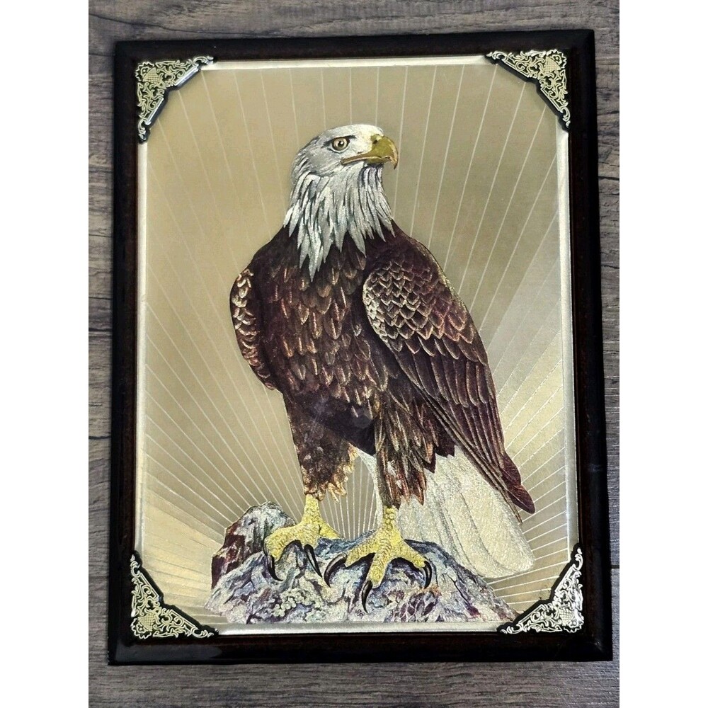 Gold Foil Prints BALD EAGLE Art Wood Frame 8x6 Vintage American